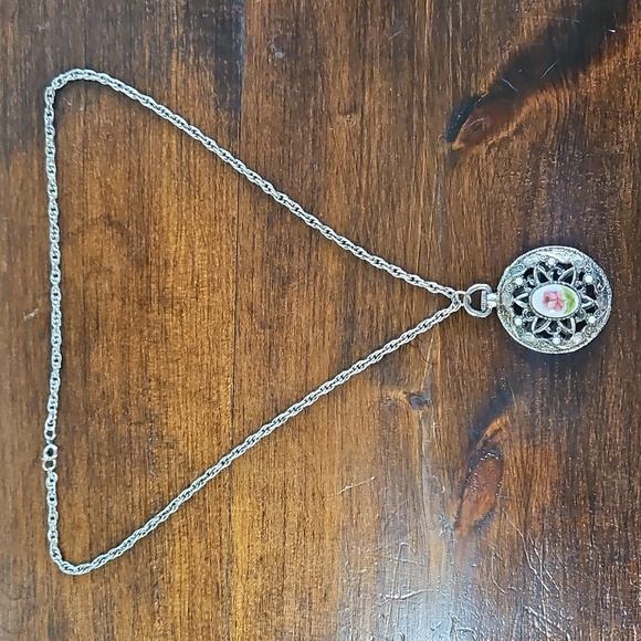 Silver Pendant Necklace with Pink Floral Design - Picture 4 of 9